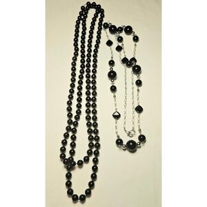 Beaded Necklace Set Women OS Black Silver Tone Layering Jewelry 2pc